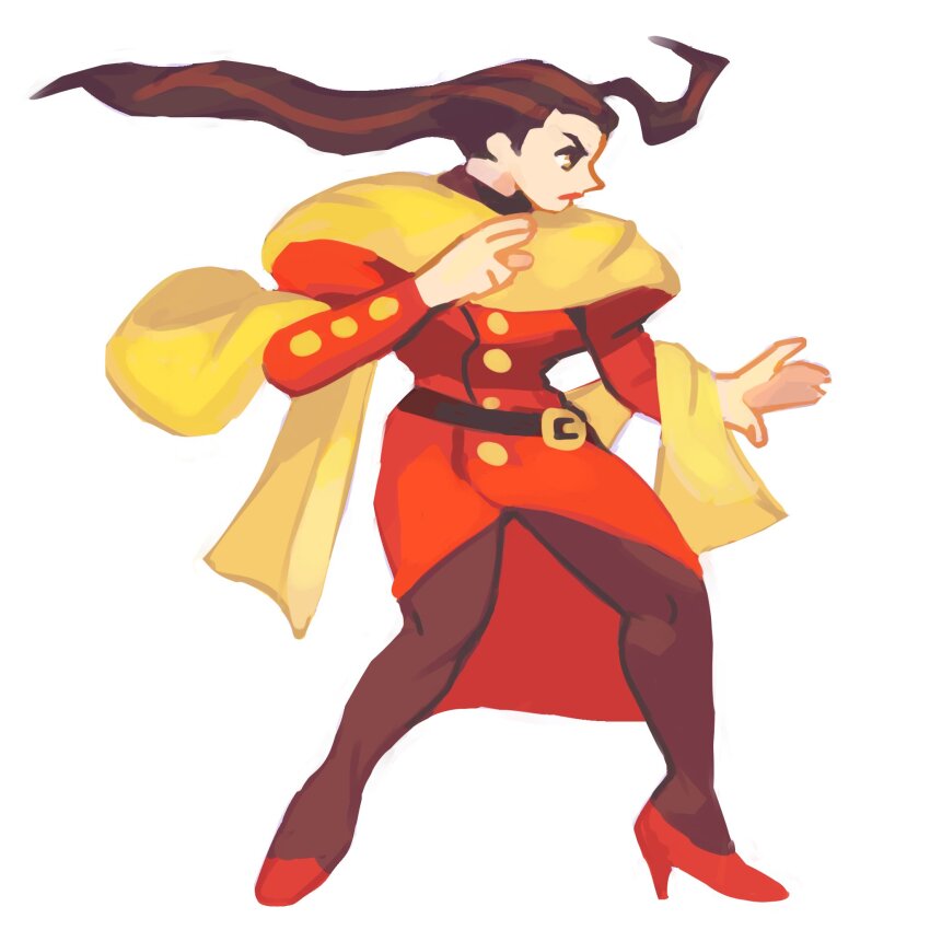 1girl belt belt_buckle black_belt black_hair black_pantyhose buckle coat floating_hair full_body gan2 high_heels highres juliet_sleeves legs_apart long_hair long_sleeves pantyhose puffy_sleeves red_coat red_shoes rose_(street_fighter) scarf shoes solo standing street_fighter yellow_eyes yellow_scarf