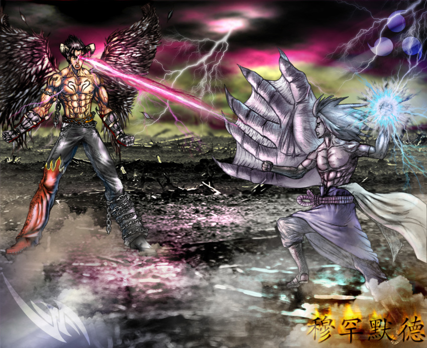 2boys alternate_wings angel_wings beam black_hair black_wings boots cloud corruption crossover dark_clouds dark_persona demon_boy demon_horns devil_jin electricity gloves horns kazama_jin oversized_wings male_focus multiple_boys muscular naruto naruto_(series) naruto_shippuuden ninja red_eyes rope sandals single_wing swordofdeath tattoo tekken topless_male uchiha_sasuke wings