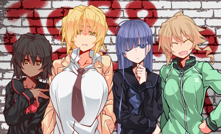 4girls black_hair blonde_hair blue_hair breasts closed_eyes closed_mouth dark-skinned_female dark_skin highres jacket kagari_rukako kaitou_reiko kakiku_keiko kazami_nobuko large_breasts long_hair long_sleeves multiple_girls necktie original oteruko_(wanabeee) school_uniform shirt short_hair system tags track_jacket yellow_eyes