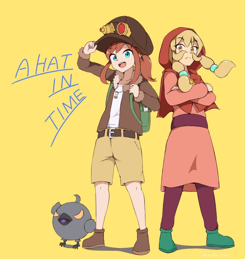 2girls :o a_hat_in_time ahoge backpack bag belt belt_buckle bird black_bird blonde_hair boots brown_belt brown_coat brown_footwear brown_hair brown_hat buckle newsboy_cap capelet closed_mouth coat collarbone commentary_request copyright_name crossed_arms crow dress full_body fur-trimmed_jacket fur_trim green_bag green_eyes green_footwear hair_ornament hair_tie hand_on_headwear hat hat_kid highres hourglass_necklace jacket long_hair long_sleeves looking_at_viewer medallion medium_hair multiple_girls mustache_girl official_alternate_costume open_mouth oudon_tue ponytail red_capelet red_dress red_hood shirt shorts sidelocks simple_background split_mouth standing talons teeth upper_teeth_only white_shirt yellow_background yellow_eyes yellow_shorts