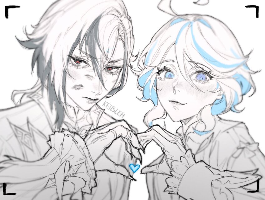 2girls ahoge arlecchino_(genshin_impact) artist_name black_eyes black_hair blue_eyes blue_hair blush bow claws closed_mouth drill_hair drill_sidelocks drop-shaped_pupils eyelashes furina_(genshin_impact) genshin_impact gloves hair_between_eyes hands_up heart heart_hands heterochromia highres jacket jewelry keibleh lapels lips lipstick_mark lipstick_mark_on_face long_sleeves looking_at_viewer mandarin_collar mismatched_pupils multicolored_hair multiple_girls open_clothes open_jacket partially_colored red_pupils ring shirt short_hair sidelocks simple_background smile standing symbol-shaped_pupils two-tone_hair upper_body v-shaped_eyebrows viewfinder white_background white_hair x-shaped_pupils yuri