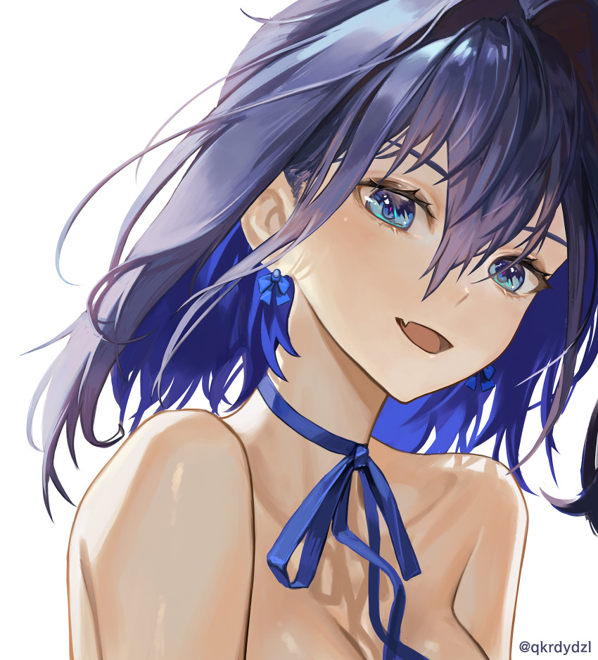 1girl :d blue_eyes blue_hair blue_ribbon bow bow_earrings breasts collarbone commentary earrings english_commentary fang hair_between_eyes hair_intakes highres hololive hololive_english jewelry looking_at_viewer medium_hair neck_ribbon nude open_mouth ouro_kronii ouro_kronii_(1st_costume) ribbon santafe99 simple_background smile solo tongue twitter_username virtual_youtuber white_background