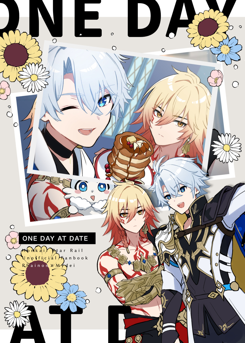 2boys absurdres amamizu_(shigure-doki) antenna_hair arm_tattoo armlet armor bare_pectorals black_choker black_coat black_pants black_shirt blonde_hair blue_cape blue_eyes braid cape chest_tattoo choker coat commentary_request crossed_arms earrings facial_tattoo food gold_armlet gold_earrings gold_necklace gradient_hair hair_between_eyes highres holding holding_plate honkai:_star_rail honkai_(series) jewelry male_focus medium_hair multicolored_hair multiple_boys mydei_(honkai:_star_rail) necklace one_eye_closed open_clothes open_coat open_mouth pancake pancake_stack pants pauldrons pectorals phainon_(honkai:_star_rail) photo_(object) plate red_hair red_tattoo shirt short_hair shoulder_armor side_braid single_pauldron tattoo white_coat white_hair yellow_eyes