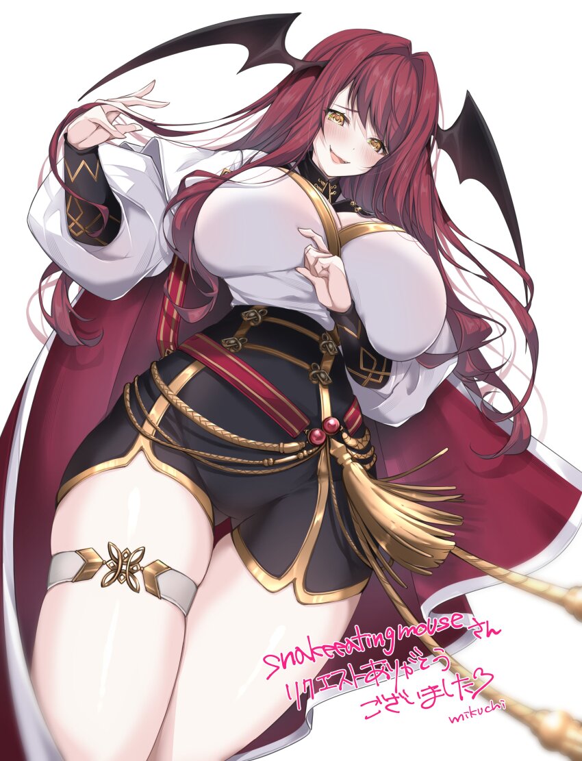1girl absurdres addie_wyvernhart aegis-link artist_name black_shorts black_wings breasts cape gold_trim hair_intakes head_wings high-waist_shorts highres large_breasts long_hair long_sleeves mikuchi3939 open_mouth red_cape red_hair second-party_source shirt shorts smile solo tassel thigh_strap virtual_youtuber white_shirt wings yellow_eyes