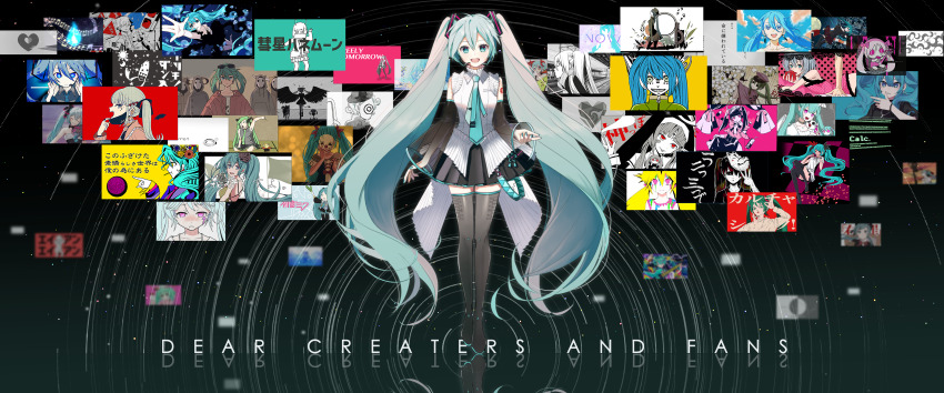 1925_(vocaloid) 1girl :d :p absurdres alien_alien_(vocaloid) apple aqua_eyes aqua_hair aqua_nails aqua_necktie aqua_pupils arrow_(symbol) bandaid bandaid_on_neck black_background black_bow black_dress black_flower black_gloves black_hair black_shirt black_skirt black_sleeves black_thighhighs blonde_hair blue_eyes blue_sky bow bright_pupils calc._(vocaloid) character_request chibi closed_eyes cloud clown_mask commentary_request copyright_request darling_dance_(vocaloid) demon_tail detached_sleeves dog dramaturgy_(eve) dress english_text evening_gown facial_tattoo fangs flower food fox_mask freely_tomorrow_(vocaloid) fruit gloves green_hair green_jacket grey_shirt greyscale habit hair_between_eyes hair_bow hair_flower hair_ornament hand_on_mask hat hatsune_miku hatsune_miku_(siren) headset heart heart_hair_ornament highres holding holding_microphone ievan_polkka_(vocaloid) inochi_ni_kirawarete_iru._(vocaloid) instrument jacket jewelry jirai_kei kagerou_days_(vocaloid) kamippoina_(vocaloid) karakuri_pierrot_(vocaloid) kochira_koufuku_anshin_iinkai_desu_(vocaloid) koiiro_byoutou_(vocaloid) kono_fuzaketa_subarashiki_sekai_wa_boku_no_tame_ni_aru_(vocaloid) long_hair looking_at_viewer mask matryoshka_(vocaloid) microphone miku_day military_hat mofmama monochrome moon mouth_mask music musical_note musunde_hiraite_rasetsu_to_mukuro_(vocaloid) nayutan_sei_kara_no_buttai necklace necktie number_tattoo nun open_mouth pink_eyes pink_jacket pink_shirt playing_guitar playing_instrument pointing pointy_ears reaching reaching_towards_viewer red_eyes ren&#039;ai_saiban_(vocaloid) ring road_sign rolling_girl_(vocaloid) romeo_to_cinderella_(vocaloid) sad see-through_clothes see-through_sleeves senbonzakura_(vocaloid) shinkai_shoujo_(vocaloid) shirt sign silhouette skirt sky sleeveless sleeveless_shirt slow_motion_(vocaloid) smile spring_onion suisei_honeymoon_(vocaloid) suna_no_wakusei_(vocaloid) sunglasses tail tattoo thighhighs tongue tongue_out train_station translation_request twintails unknown_mother_goose_(vocaloid) ura-omote_lovers_(vocaloid) vampire vampire_(vocaloid) very_long_hair video_thumbnail violin vocaloid white_flower white_pupils white_shirt wings world_is_mine_(vocaloid) yellow_eyes