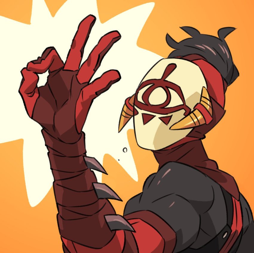 1boy bad_id bad_twitter_id black_hair bodysuit male_focus mask nintendo ok_sign orange_background simple_background solo the_legend_of_zelda the_legend_of_zelda:_breath_of_the_wild upper_body uzura3026 yiga_clan yiga_clan_footsoldier