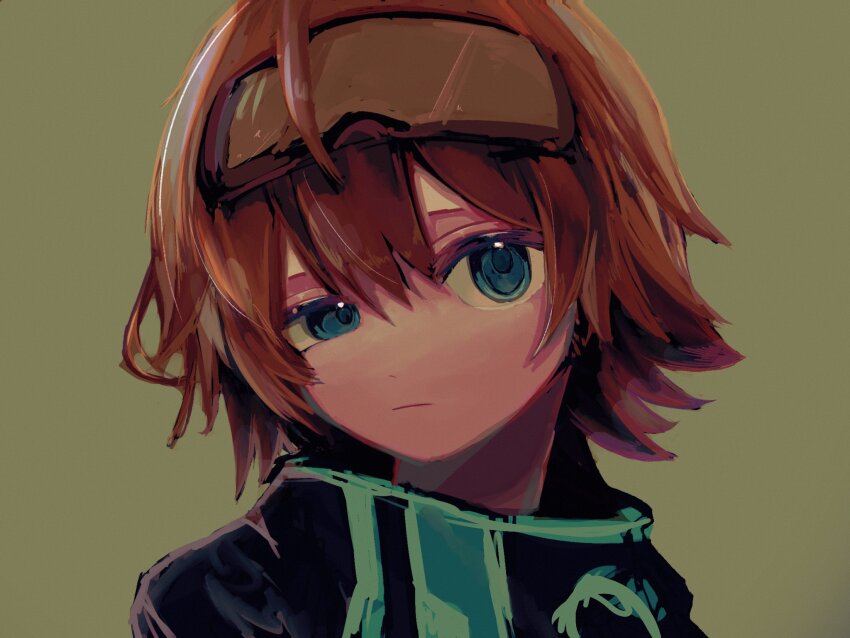 1girl aqua_eyes aqua_trim black_coat brown_hair closed_mouth coat earrings goggles goggles_on_head hashtag-only_commentary highres humanoid_(zutomayo) jewelry looking_at_viewer nira-chan nira-chan_(humanoid)_(zutomayo) pino_(pino_ztmy) short_hair simple_background triangle_earrings zutto_mayonaka_de_ii_no_ni