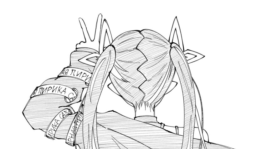 1girl arm_up chika_h_sat commentary_request demon_girl demon_horns from_behind greyscale horns jacket kojo_anna kojo_anna_(1st_costume) long_hair long_sleeves monochrome nanashi_inc. pointy_ears russian_text simple_background sketch solo twintails upper_body v virtual_youtuber