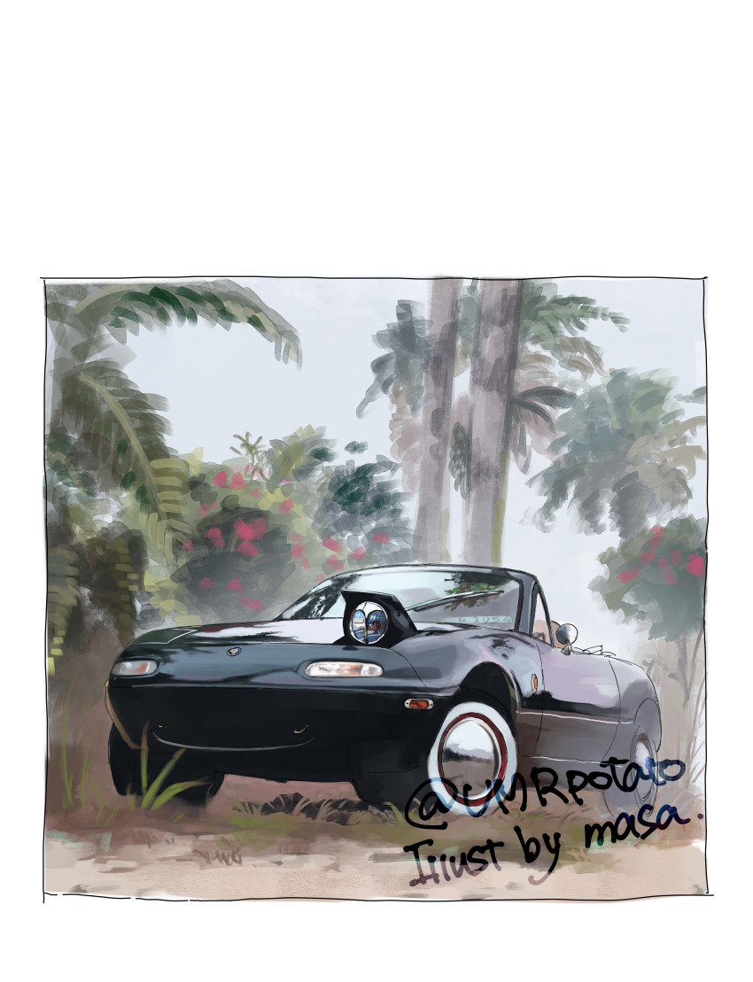 absurdres artist_name car dirt eunos_roadster highres masa_(siriusu-koko) mazda mazda_mx-5 mazda_mx-5_na motor_vehicle no_humans original palm_tree pop-up_headlights single_pop-up_headlight solo tree vehicle_focus wheel