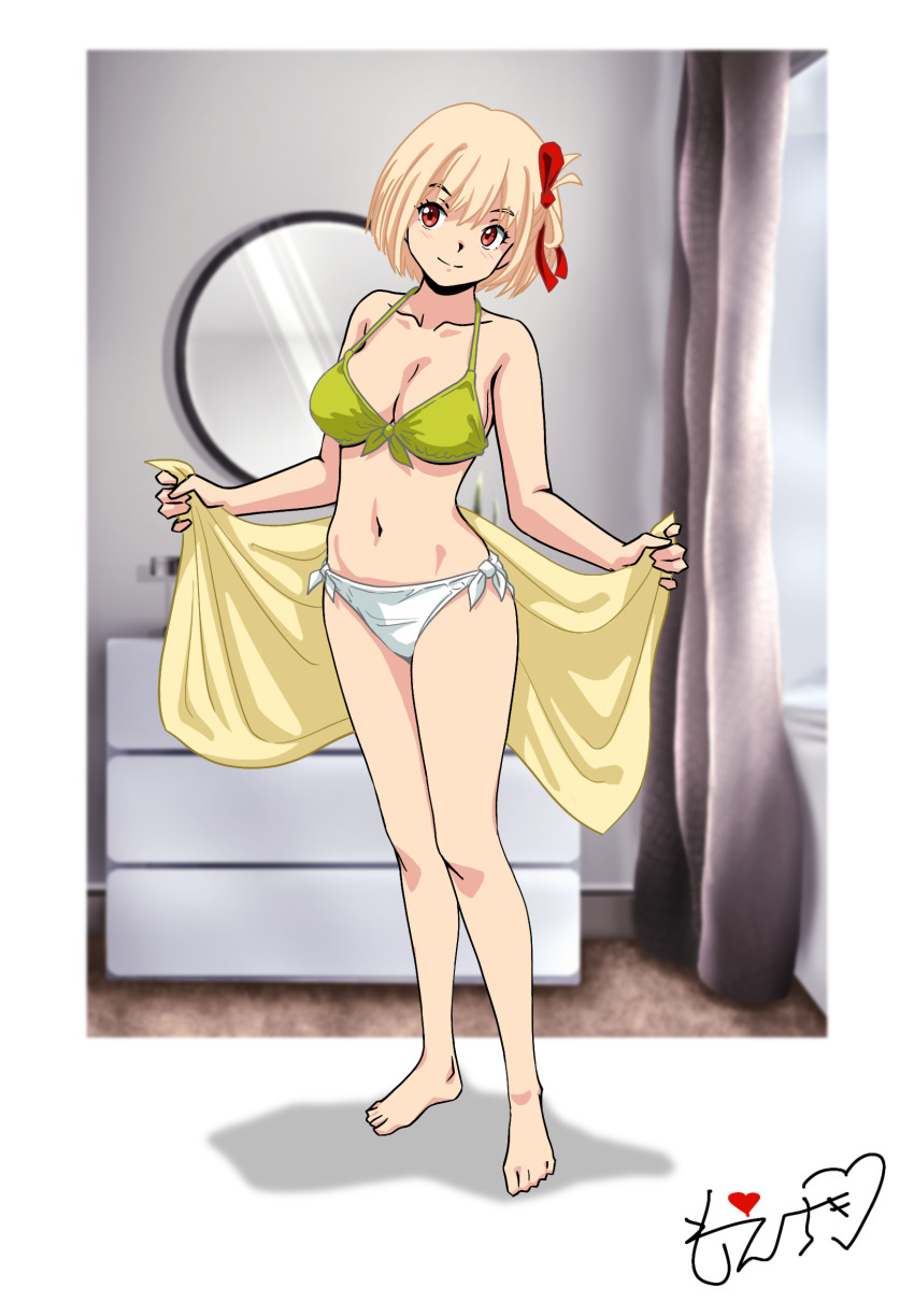 1girl barefoot bikini blonde_hair breasts cleavage closed_mouth collarbone curtains full_body highres holding holding_towel indoors large_breasts lycoris_recoil mirror mismatched_bikini moechiki navel nishikigi_chisato one_side_up red_eyes red_ribbon ribbon short_hair side-tie_bikini_bottom smile solo standing stomach swimsuit towel window