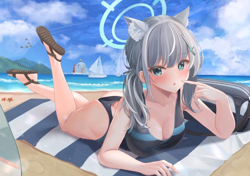 1girl :o absurdres aircraft airplane andamiro animal_ear_fluff animal_ears ass bag beach beach_towel black_one-piece_swimsuit blue_archive blue_eyes blue_sky boat breasts cloud cross cross_hair_ornament duffel_bag extra_ears feet_up finger_to_mouth grey_hair hair_ornament halo highres horizon inverted_cross jet korean_commentary large_breasts lighthouse low_ponytail lying mismatched_pupils on_stomach one-piece_swimsuit parted_lips ponytail sand sandals shiroko_(blue_archive) shiroko_(swimsuit)_(blue_archive) side_ponytail sky solo_focus starfish swimsuit the_pose thighs towel watercraft wolf_ears