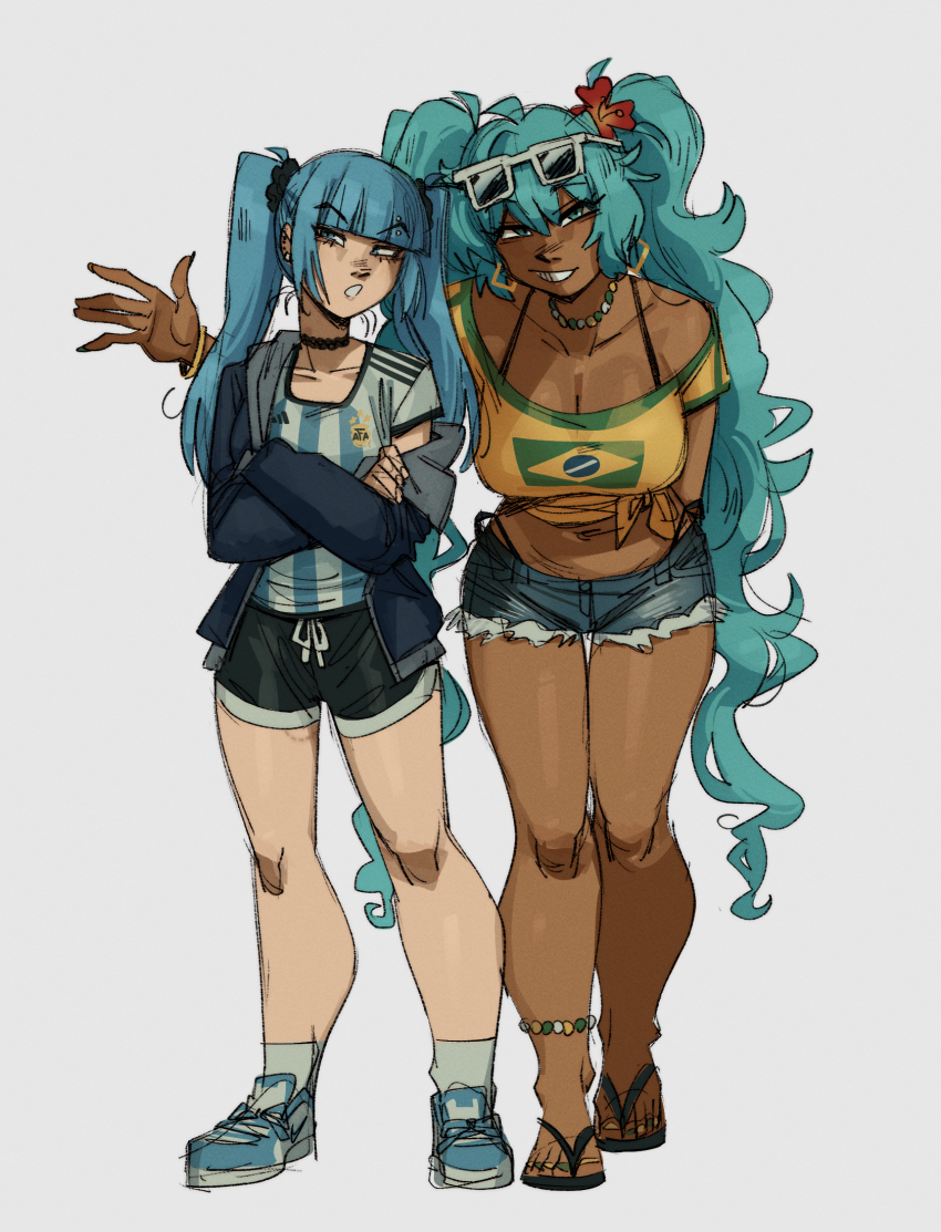 2girls :o adidas aqua_hair argentinian_flag argentinian_flag_print argentinian_miku arm_behind_back bare_shoulders bead_choker beads black_choker black_shorts blue_eyes blue_footwear blue_hair blunt_bangs brazilian_flag brazilian_flag_print brazilian_miku breasts choker cleavage crossed_arms dark-skinned_female dark_skin denim denim_shorts dual_persona ear_piercing earrings exposed_pocket eyebrow_piercing eyewear_on_head face_piercing fingernails flag_print flip-flops flower full_body green_nails grin gutalalaman hair_flower hair_ornament hair_scrunchie half-closed_eyes hand_up hatsune_miku hibiscus highres hood hooded_jacket jacket jersey jewelry large_breasts leaning_forward long_fingernails long_hair looking_at_viewer multicolored_nails multiple_girls nail_polish navel nike_(company) off-shoulder_shirt off_shoulder open_mouth piercing rectangular_earrings red_flower sandals scrunchie shirt shoes short_shorts shorts simple_background smile sneakers sphere_earrings standing sunglasses tan tanline tanline_peek toenail_polish toenails twintails vocaloid white-framed_eyewear white_background worldwide_miku yellow_nails yellow_shirt