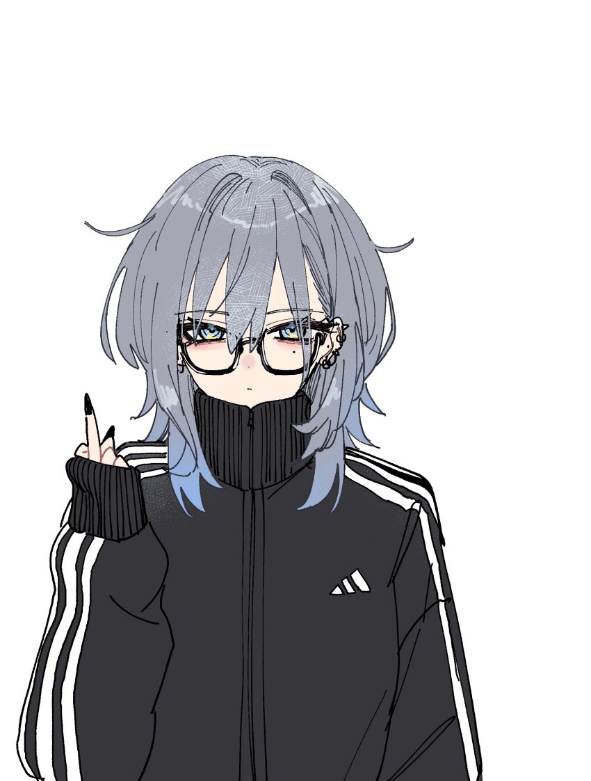 1girl absurdres adidas black_track_suit ear_piercing earrings expressionless glasses gradient_hair grey_hair gyaru haimiya_mio_(kamiyama_sumu) hair_between_eyes highres jewelry kamiyama_sumu long_sleeves medium_hair middle_finger mole multicolored_hair original piercing striped_clothes stud_earrings track_suit white_background