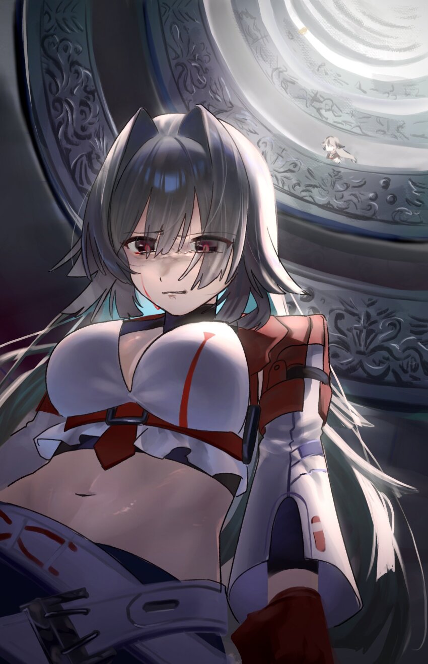 2girls absurdres blood blood_on_face breasts coralie_6626_planck coralie_6626_planck_(valkyrie_blastmetal) duoyun_de_tiankong erdos_helia erdos_helia_(valkyrie_boltstorm) grey_hair hair_intakes highres honkai_(series) honkai_impact_3rd large_breasts long_hair multiple_girls navel tears white_hair
