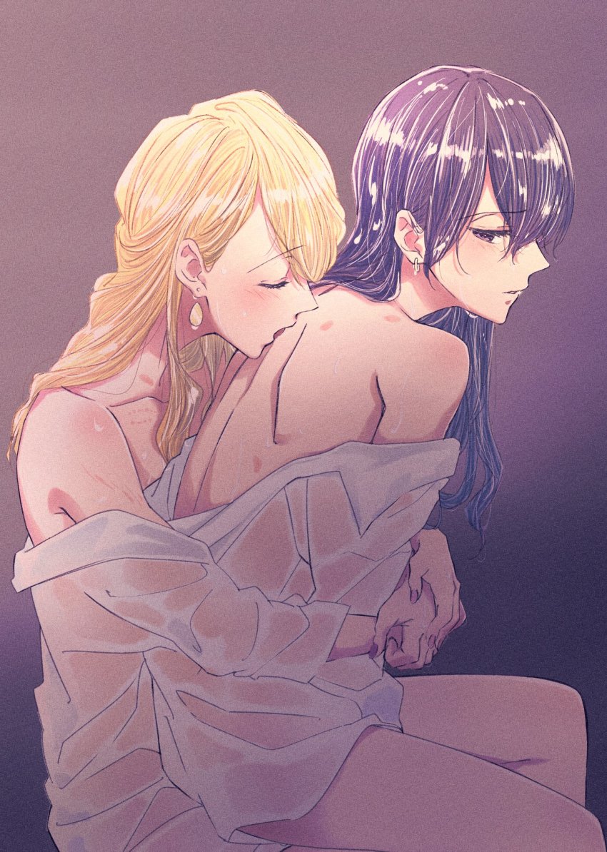 2girls aihara_mei aihara_yuzu bite_mark black_hair blonde_hair citrus_(saburouta) closed_eyes earrings glidesloe hickey highres inseki jewelry long_hair multiple_girls nail_polish purple_eyes shoulder_blades shoulder_blush siblings sisters sitting sitting_on_lap sitting_on_person step-siblings tongue yuri