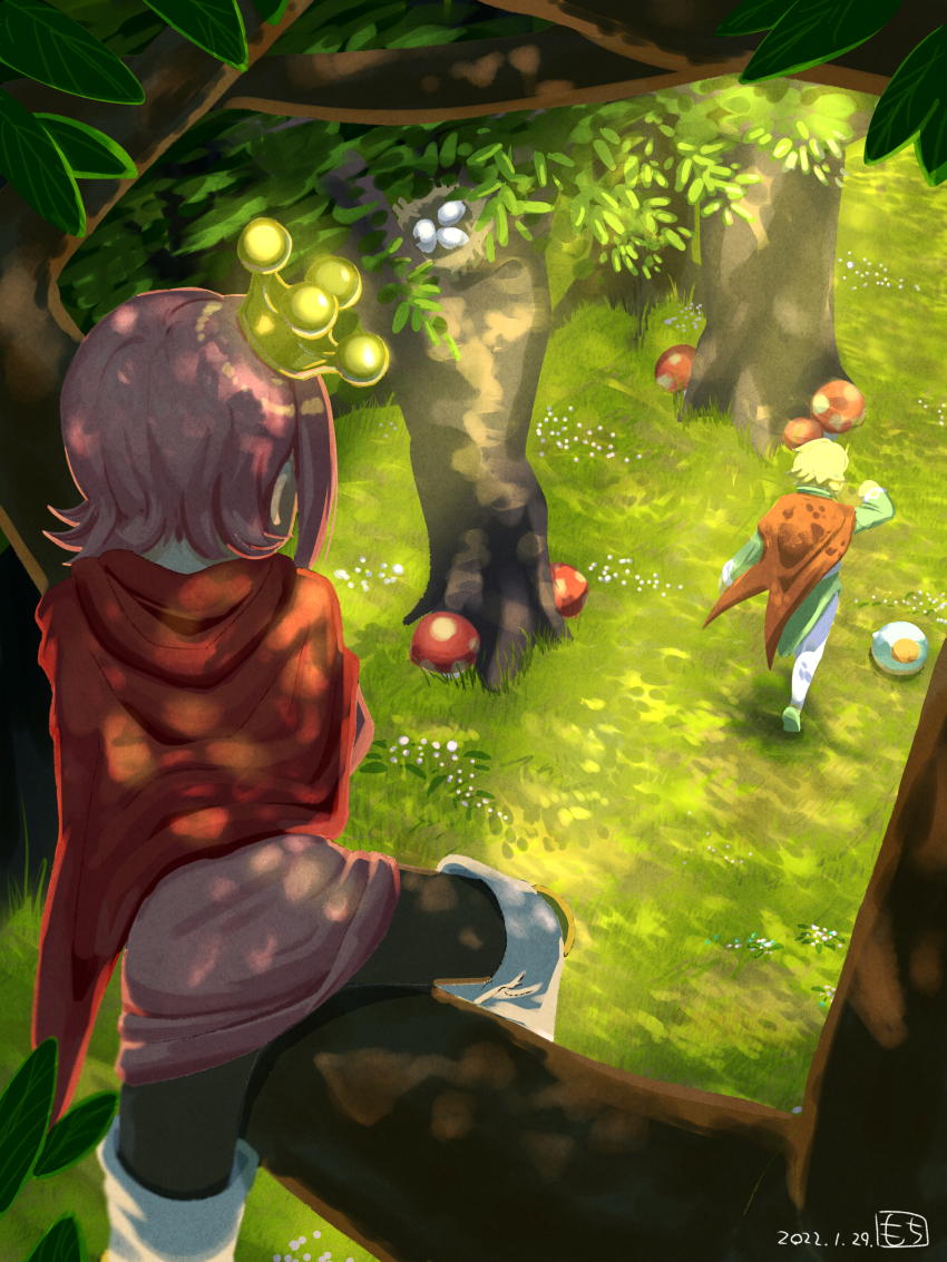 2boys absurdres bird_nest blonde_hair cape crown dappled_sunlight dated day egg facing_away forest highres in_tree motimoti_mgmg multiple_boys mushroom nature ocean_prince otomo_(puyopuyo) outdoors pants pink_hair puyopuyo puyopuyo_quest red_cape salde_canarl_shellbrick_iii short_hair sunlight tilted_headwear tree white_pants
