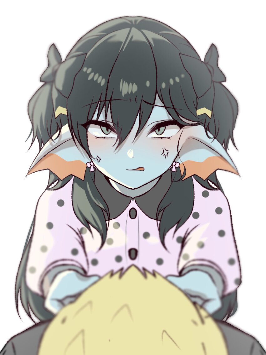 1girl 1other anger_vein angry aqua_eyes black_bow black_hair black_shirt blonde_hair blue_skin bow bow_earrings clothes_grab colored_skin commentary_request dragon_quest dragon_quest_x earrings fins fish_girl from_above hair_bow head_fins highres jewelry long_hair looking_up nikon_(user_aznh7528) open_mouth pink_bow pink_shirt polka_dot polka_dot_shirt shirt shirt_grab short_twintails twintails upper_body weddie_(dq10) white_background