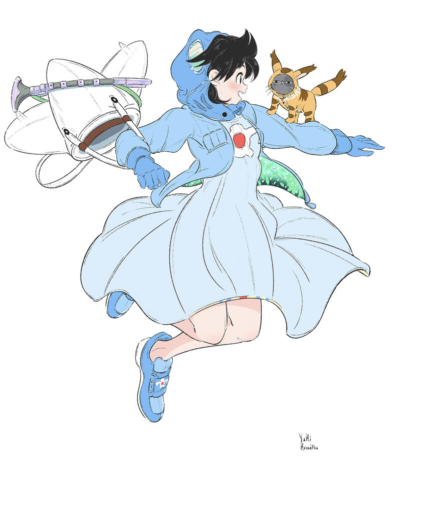 black_hair blue_door blue_gloves blue_jacket blue_shoes blush cosplay gloves highres jacket kawatsu_yuuki kaze_no_tani_no_nausicaa limited_palette nausicaa nausicaa_(cosplay) open_mouth original shadow shoes short_hair signature simple_background smile teto_(cosplay) teto_(nausicaa) white_background white_bag