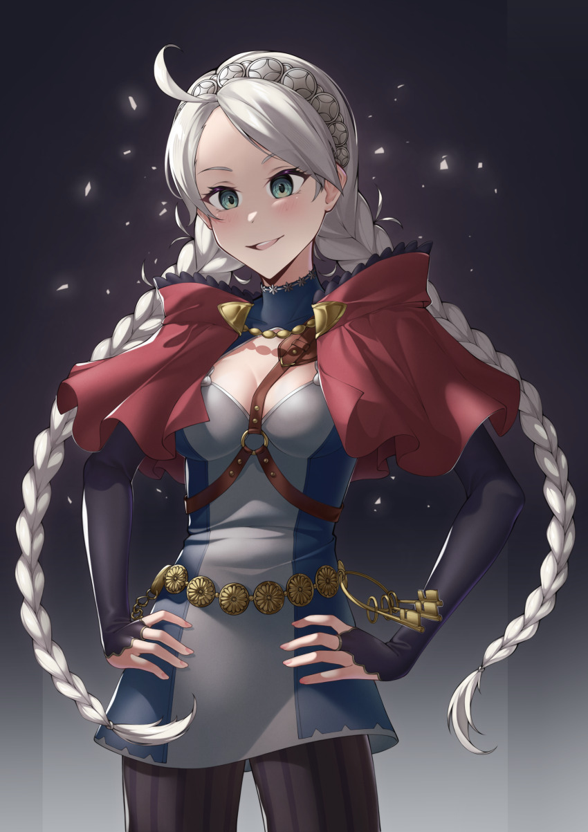 1girl absurdres ahoge blue_eyes braid breasts capelet cleavage commission commissioner_upload devaniart fire_emblem fire_emblem_fates hairband hands_on_own_hips harness highres hood hooded_capelet key keyring long_hair looking_at_viewer low_twin_braids low_twintails medium_breasts nina_(fire_emblem) nintendo non-web_source o-ring o-ring_harness open_mouth pantyhose parted_bangs red_hood solo striped_clothes striped_pantyhose twin_braids twintails vertical-striped_clothes vertical-striped_pantyhose white_hair