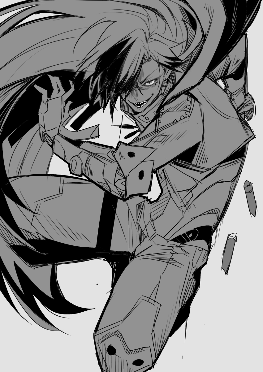 1boy absurdres boothill_(honkai:_star_rail) cropped_jacket cyborg grey_background greyscale hair_over_one_eye highres honkai:_star_rail honkai_(series) long_hair looking_at_viewer male_focus midriff monochrome mrsw0911 one_eye_covered open_mouth pants parted_hair sanpaku sharp_teeth shell_casing simple_background sketch smile solo teeth very_long_hair