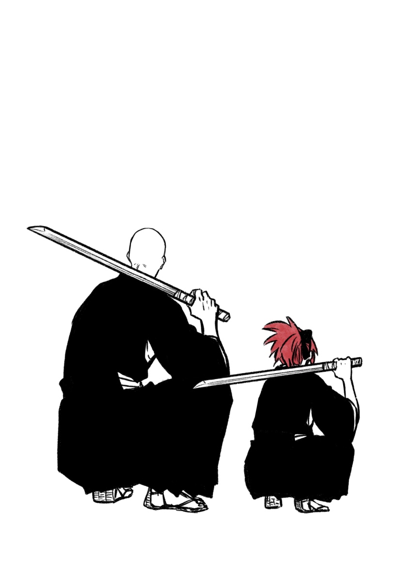 1boy 1girl abarai_ichika absurdres back bald black_hakama bleach blue_bow bow choko_egg facing_away full_body hair_bow hakama high_ponytail highres holding holding_sword holding_weapon japanese_clothes long_hair madarame_ikkaku ponytail red_hair sandals squatting sword weapon white_background zouri