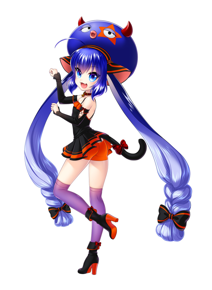 2016 :d ahoge animal_collar animal_ears ankle_boots bare_shoulders bell black_arm_warmers black_ribbon blue_eyes blue_hair blue_hat boots bow bowtie braid cat_tail child collar dark_blue_hair demon_horns detached_sleeves fake_animal_ears fake_tail hair_between_eyes hair_bow halloween halloween_costume hat high_heel_boots high_heels highres horns jingle_bell kurisu_toshi lace long_hair looking_at_viewer low-braided_long_hair low-tied_long_hair low_twin_braids miniskirt multicolored_hair multiple_hair_bows non-web_source official_art open_mouth orange_trim otomachi_una over-kneehighs paw_pose pleated_skirt red_bow red_bowtie red_ribbon ribbon short_shorts shorts sidelocks skin_tight skirt smile solo spaghetti_strap standing standing_on_one_leg star_(symbol) strap tail tail_bow tail_ornament thighhighs twin_braids two-tone_hair very_long_hair vocaloid