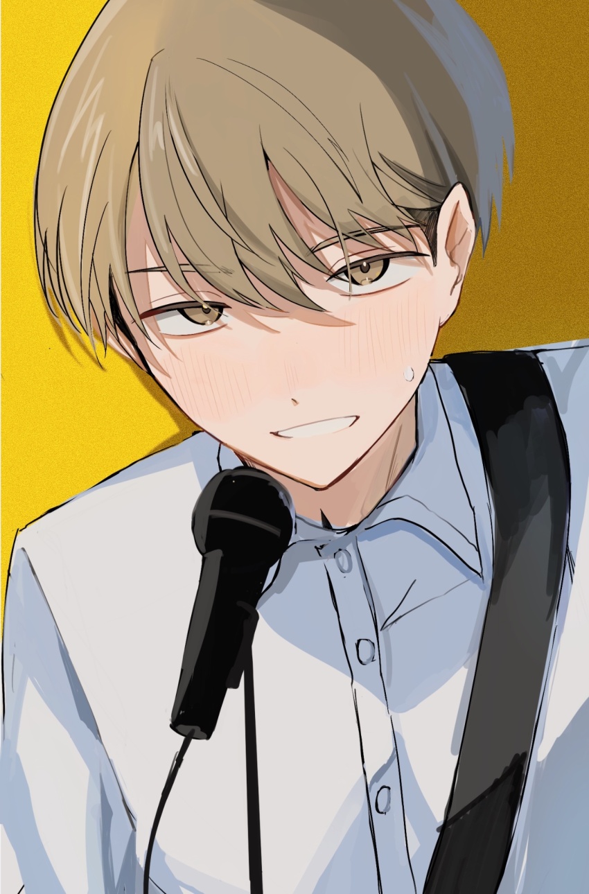 1boy blush brown_eyes brown_hair cable collared_shirt commentary_request dress_shirt futsuu_no_keion-bu guitar_strap highres looking_at_viewer male_focus microphone shirt short_hair shoulder_strap shouyu_(sknm_o) small_sweatdrop smile solo takami_kouki upper_body very_short_hair white_shirt yellow_background