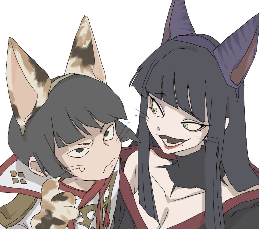 1boy 1girl animal_ear_hairband animal_ears animal_hands asahi_sas_brutus black_collar black_eyes black_hair blunt_bangs breasts brother_and_sister brown_hairband cleavage collar collarbone fake_animal_ears final_fantasy final_fantasy_xiv frown glaa_da green_eyes hairband hand_up high_collar highres hyur large_breasts long_hair looking_at_another looking_up mole mole_under_mouth off_shoulder open_mouth portrait purple_hairband red_trim short_hair siblings simple_background slit_pupils smile straight_hair sweatdrop whiskers white_background yotsuyu_goe_brutus