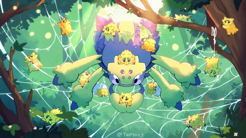 galvantula gen_5_pokemon highres joltik nintendo no_humans outdoors pokemon pokemon_(creature) signature silk spider_web taplaos tree