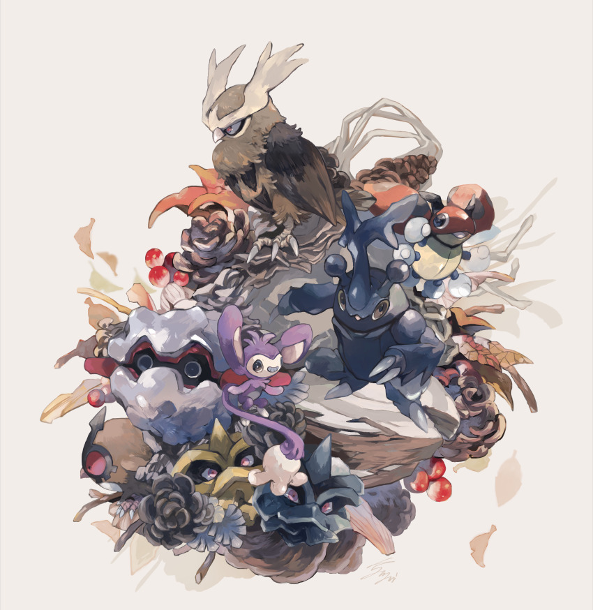 absurdres aipom berry bright_pupils claws commentary_request falling_leaves forretress gen_2_pokemon grin heracross highres hoothoot kanami_(bprod) leaf ledyba nintendo no_humans noctowl open_mouth pineco pinecone pokemon pokemon_(creature) signature smile talons teeth white_background