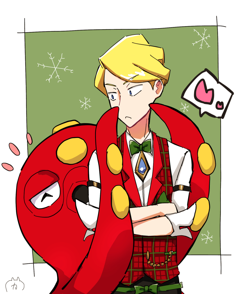blonde_hair colored_skin cosplay crossed_arms gen_2_pokemon highres ilovecorgi male_focus nintendo octillery official_alternate_costume pokemon pokemon_(creature) pokemon_masters_ex red_skin siebold_(holiday_2019)_(pokemon) siebold_(pokemon) siebold_(pokemon)_(cosplay) snowflakes tentacles