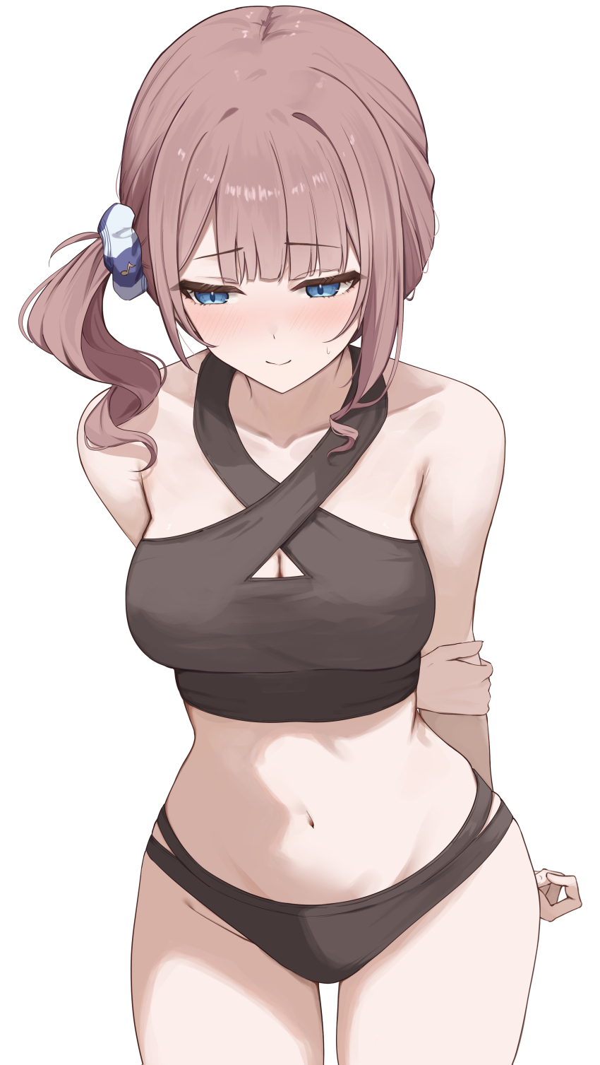 1girl absurdres armpit_crease arms_behind_back asymmetrical_sidelocks averting_eyes bikini black_bikini blue_eyes blunt_bangs blush breasts brown_hair cleavage closed_mouth clothing_cutout collarbone commentary_request cowboy_shot criss-cross_halter embarrassed hair_ornament hair_scrunchie halterneck highres holding_own_arm jacket kunizaki looking_to_the_side medium_breasts medium_hair mochizuki_honami multi-strapped_bikini_bottom musical_note musical_note_print navel project_sekai scrunchie side_ponytail sidelocks simple_background solo sweatdrop swimsuit thigh_gap thighs variant_set white_background