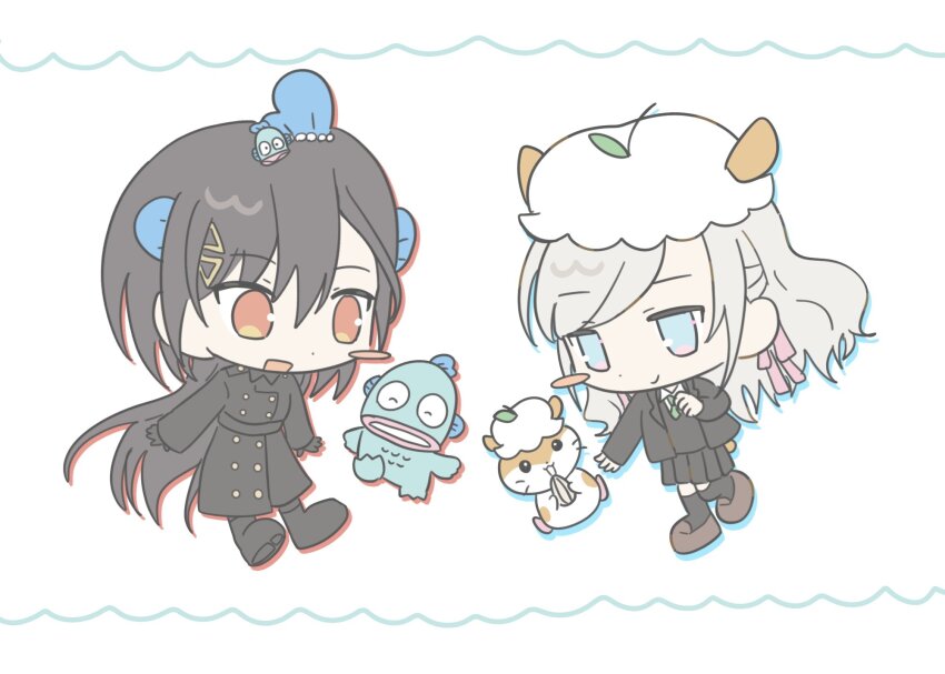 2girls :d black_coat black_footwear black_gloves black_hair black_jacket black_skirt black_sweater_vest black_thighhighs blazer blue_eyes boots brown_shoes buttons ceras_yanagida_lilienfeld chibi chibi_only churhami closed_mouth coat collared_coat collared_shirt commentary crossover dot_nose double-breasted dress_shirt fish full_body gloves green_necktie grey_hair hair_ribbon hamster hamster_hat hangyodon hashtag-only_commentary hat highres jacket katsuragi_izumi link!_like!_love_live! long_hair long_sleeves love_live! muffin_(sanrio) multiple_girls necktie open_clothes open_jacket open_mouth over-kneehighs pink_ribbon pleated_skirt ribbon sanrio school_uniform shirt shoes simple_background skirt smile sweater_vest thighhighs white_background white_hat white_shirt