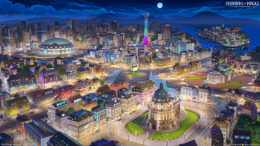 3d arsenixc bride bridge building car cathedral city city_lights cityscape crosswalk full_moon highres lamppost mixed-language_commentary moon motor_vehicle mountainous_horizon multi-lane_road night nikki_(series) no_humans ocean outdoors road scenery shining_nikki sign sky skyscraper stadium star_(sky) street tower tree watermark window