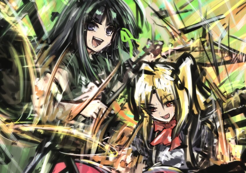 2girls ahoge awa_subaru black_hair black_shirt blonde_hair bocchi_the_rock! bow bowtie commentary crossover girls_band_cry highres ijichi_nijika instrument_connection long_hair multiple_girls open_mouth parted_bangs playing_drum purple_eyes red_bow red_bowtie red_eyes shirt side_ponytail sidelocks teeth tomare_(akashingou) upper_body