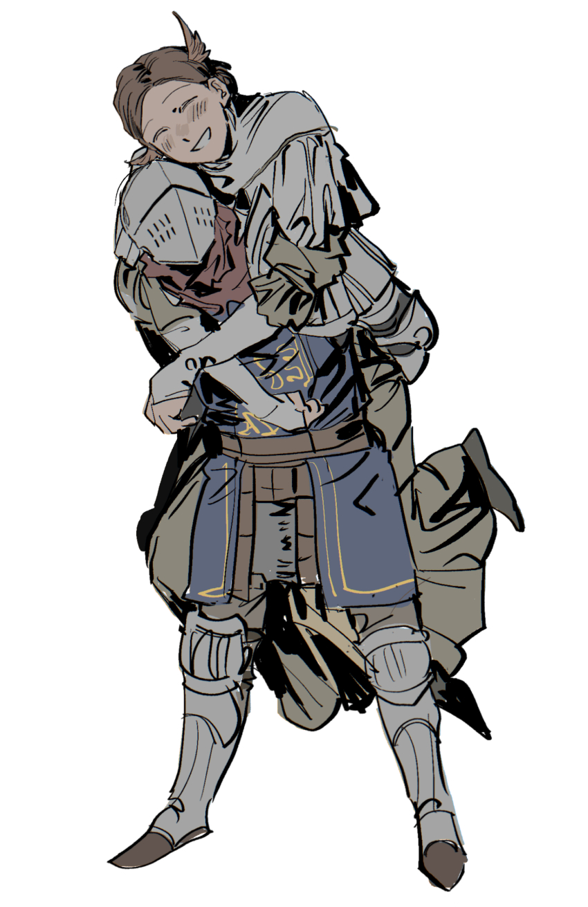 192_saioma 1girl 1other armored_boots blue_tunic blush boots brown_hair brown_pants carrying chosen_undead closed_eyes commentary dark_souls_(series) dark_souls_i dress dusk_of_oolacile fake_wings full_body gauntlets grey_dress grin head_wings helmet highres hug hug_from_behind knight pants piggyback short_bangs short_hair simple_background smile standing tunic white_background wings