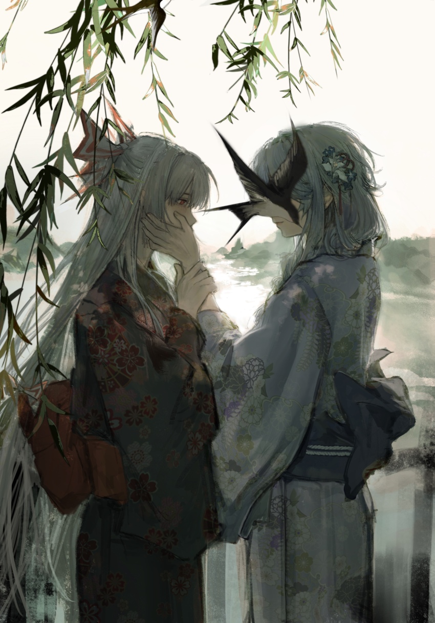 1203527227 2girls bird black_kimono blue_hair blue_kimono blush bow day floral_print floral_print_kimono flower fujiwara_no_mokou hair_bow hair_flower hair_ornament hand_on_another&#039;s_face highres japanese_clothes kamishirasawa_keine kimono knees_out_of_frame long_hair multiple_girls obi outdoors print_kimono red_eyes sash standing touhou wide_sleeves yuri