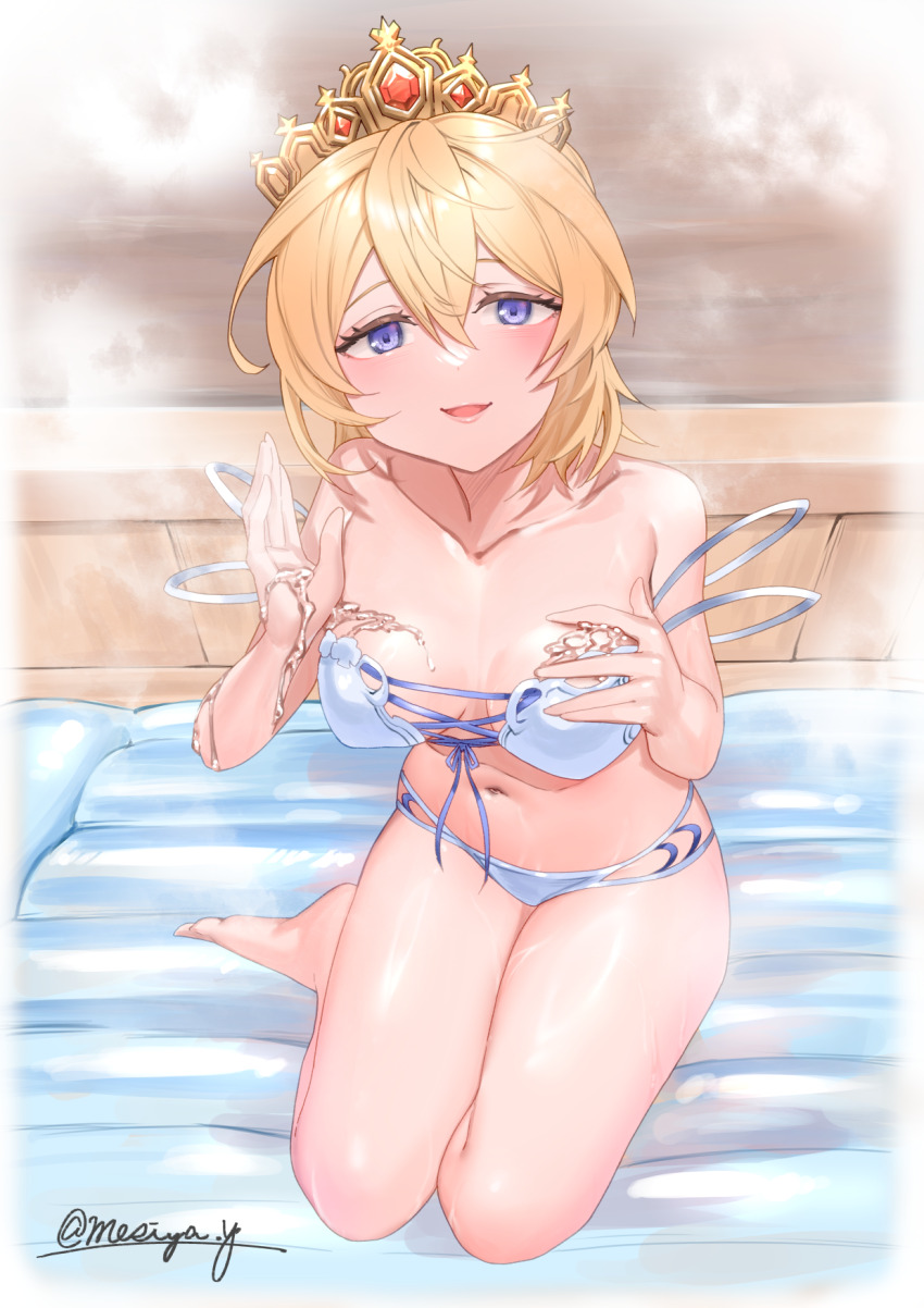 1girl artist_name bare_shoulders bikini blonde_hair blue_eyes breasts breasts_apart collarbone europa_(granblue_fantasy) europa_(summer)_(granblue_fantasy) granblue_fantasy highres looking_at_viewer medium_breasts medium_hair meshiya navel open_mouth signature sitting solo swimsuit thighs tiara white_bikini