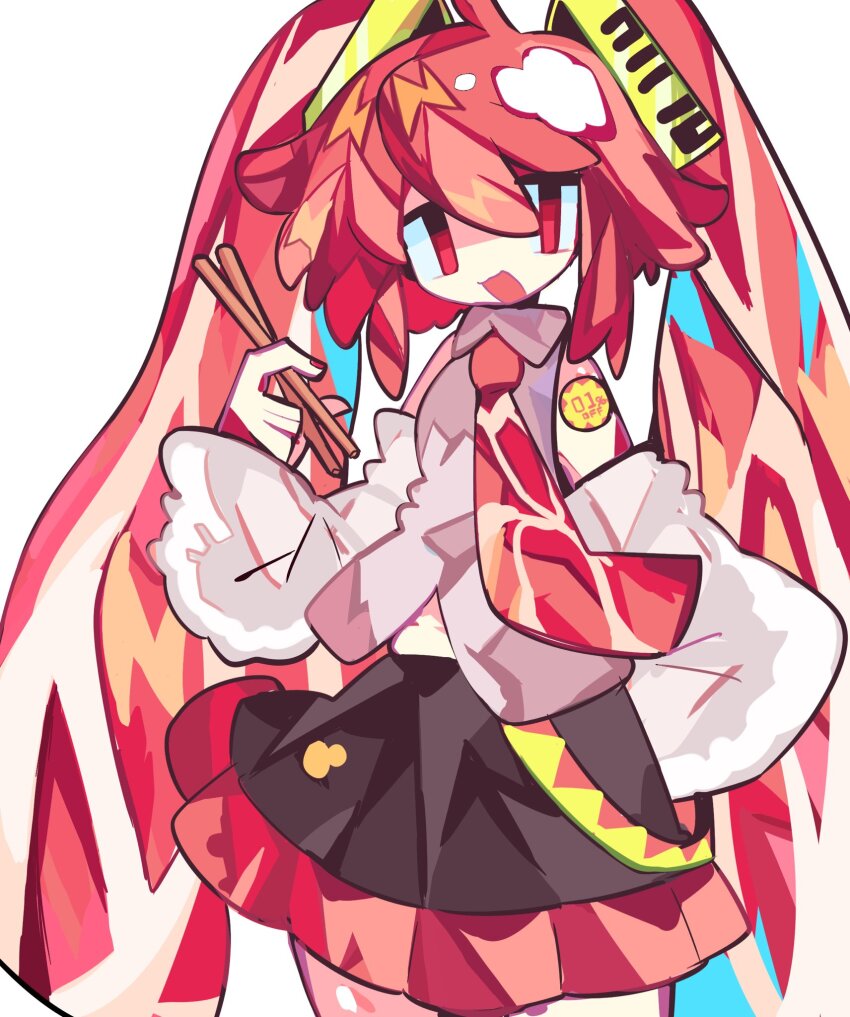 1girl chopsticks collared_shirt detached_sleeves food-themed_clothes food-themed_hair hair_ornament hatsune_miku highres holding holding_chopsticks long_hair long_sleeves looking_at_viewer necktie niku_miku_(nankai) open_mouth pokatan raw_meat red_eyes red_hair shirt skirt sleeveless sleeveless_shirt smile solo twintails very_long_hair vocaloid