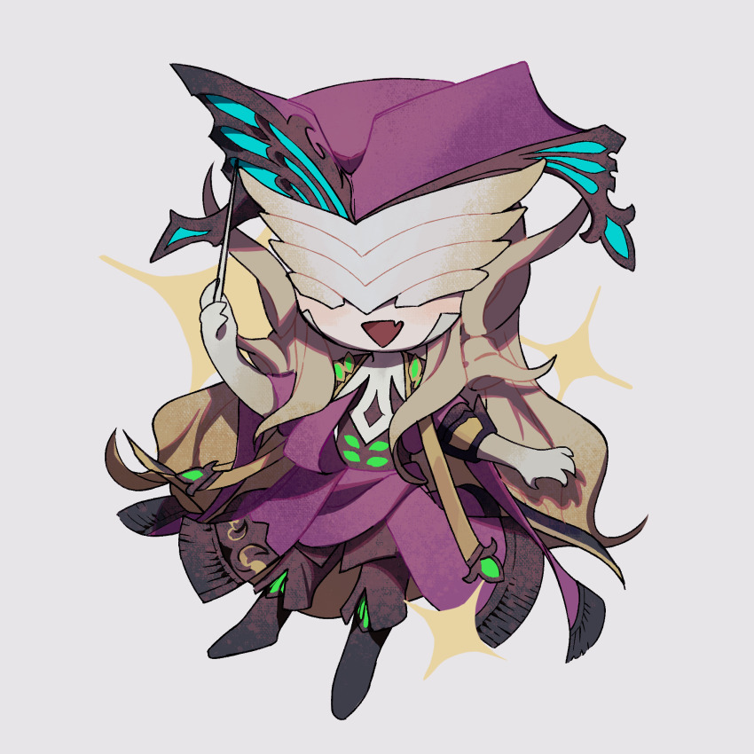 1boy :d black_boots black_pants blonde_hair boots chibi chibi_only conductor_baton curly_hair facing_viewer fang fate/grand_order fate_(series) full_body gloves hand_up hat highres holding_baton long_hair male_focus mask mysterious_mask_(fate) open_mouth pants purple_hat simple_background skin_fang smile solo sparkle white_background white_gloves wolfgang_amadeus_mozart_(fate) yukkuri_(fumoyun)