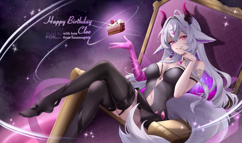 1girl animal_ears bare_shoulders black_nails black_thighhighs breasts breasts_apart cake cake_slice commentary cowlick demon_horns english_commentary finger_to_mouth fingernails food foot_out_of_frame grey_hair grey_tail hair_between_eyes hair_intakes hand_up happy_birthday highres horns indie_virtual_youtuber long_hair looking_at_viewer medium_breasts nail_polish no_shoes parted_lips pr_ponnyan purple_eyes sitting smile solo thighhighs very_long_hair