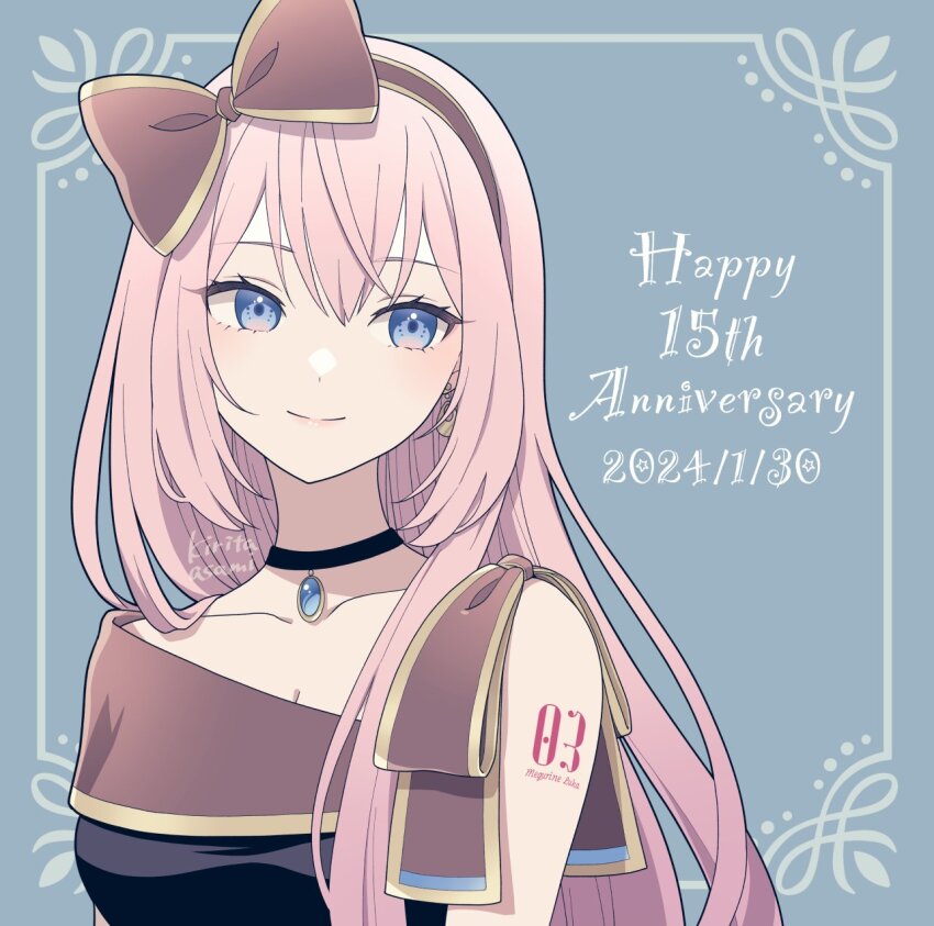 1girl arm_tattoo black_choker black_shirt blue_eyes breasts character_name choker cleavage facing_viewer happy_anniversary highres kirita_asami long_hair looking_to_the_side medium_breasts megurine_luka off-shoulder_shirt off_shoulder pink_hair shirt solo tattoo vocaloid
