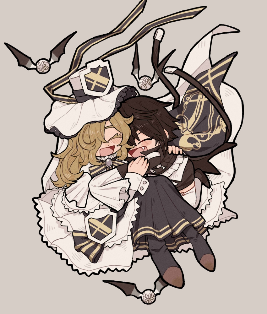 2girls :d absurdres black_coat black_footwear black_hair black_skirt boots cantaurus closed_eyes coat colored_eyelashes commentary curly_hair dress eyepatch falling fang grey_background hair_over_one_eye hat highres hug kure_kirika layered_dress light_brown_hair long_bangs long_hair long_skirt long_sleeves magia_record:_mahou_shoujo_madoka_magica_gaiden magical_girl mahou_shoujo_madoka_magica mahou_shoujo_oriko_magica mikuni_oriko multiple_girls official_alternate_costume one_eye_covered open_mouth pleated_skirt short_hair simple_background skirt sleeve_cuffs sleeves_past_fingers sleeves_past_wrists smile swept_bangs symbol-only_commentary tailcoat thighhighs white_dress white_headwear white_thighhighs