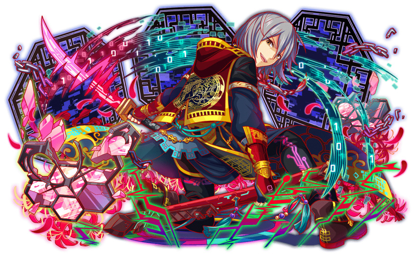 1boy alternate_costume ankle_boots aqua_eyes artist_request beads black_boots black_pants black_sleeves blue_flower blue_sleeves boots bracelet braid bridal_gauntlets chain clothing_request crash_fever crystal cyber_sword dragon_print flower full_body game_cg gold_bracelet grey_eyebrows grey_hair grey_sleeves hexagon holding holding_sheath holding_sword holding_weapon jacket jewelry kneeling lee_bangwon lens_flare logo_print long_hair long_sleeves looking_at_viewer looking_back low-tied_long_hair male_focus official_alternate_costume official_art open_mouth outline pants red_hood red_outline red_petals rimless_eyewear round_eyewear saturated sheath short_sleeves single_braid smile soles solo spider_lily sword tachi-e tassel teeth transparent_background twisted_torso upper_teeth_only v-shaped_eyebrows weapon white_jacket yellow_eyes