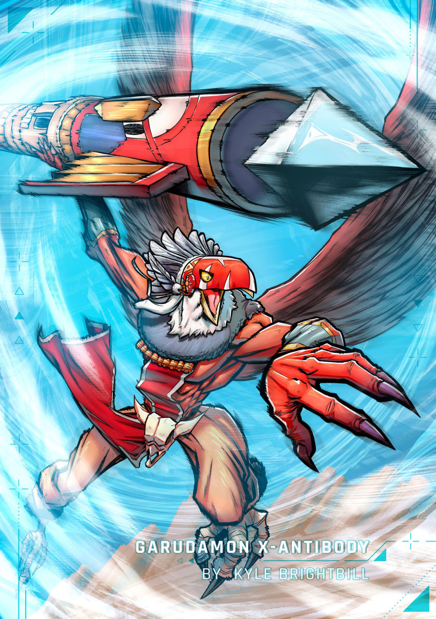 absurdres digimon digimon_(creature) garudamon garudamon_x-antibody highres lance muscular polearm skull solo totem weapon wings