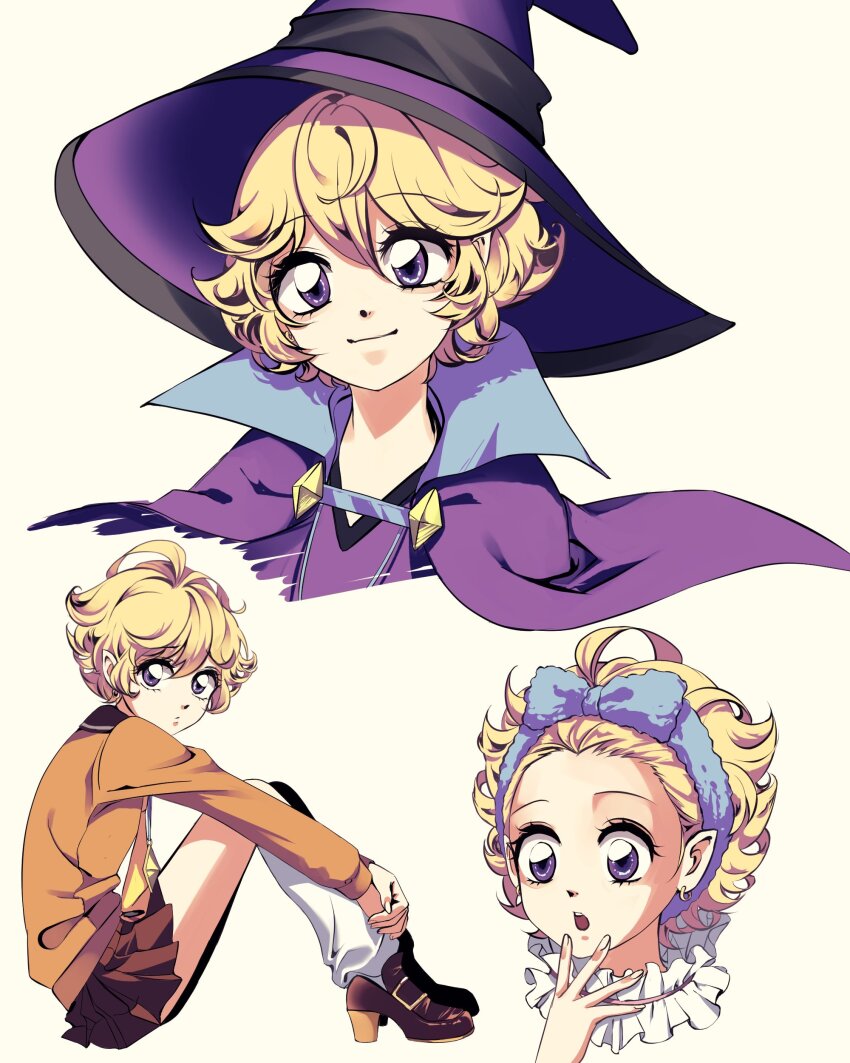 1girl absurdres blonde_hair blue_headband cape closed_mouth commentary_request hair_between_eyes hat headband highres i_am_ttoing jewelry korean_commentary magical_girl multiple_views pendant profile purple_cape purple_eyes purple_hat school_uniform simple_background skirt smile socks solo sugar_sugar_rune vanilla_mieux white_socks witch witch_hat