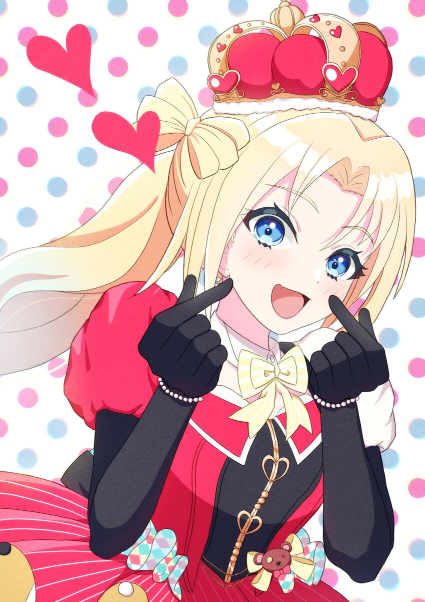 1girl :d arched_crown asymmetrical_sleeves black_gloves blonde_hair blue_background blue_hair blush bow-shaped_hair commentary_request crown curtained_hair double_finger_heart dress elbow_gloves fang finger_heart gloves gradient_hair highres link!_like!_love_live! litecolors_radi long_hair love_live! mismatched_sleeves multicolored_hair official_alternate_costume open_mouth osawa_rurino pink_background polka_dot polka_dot_background puffy_short_sleeves puffy_sleeves red_crown red_dress short_sleeves side_ponytail smile solo upper_body virtual_youtuber white_sleeves zenhoi_kyun