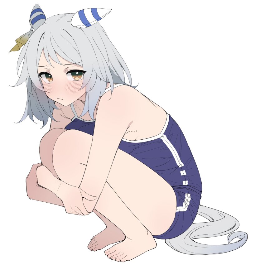 1girl animal_ears barefoot blue_one-piece_swimsuit blush brown_eyes closed_mouth clothing_cutout competition_school_swimsuit ear_covers grey_hair grey_tail highres hishi_miracle_(umamusume) horse_ears horse_girl horse_tail hugging_own_legs kawai_ritsu_(rits_meg) looking_at_viewer one-piece_swimsuit school_swimsuit short_hair simple_background single_vertical_stripe solo squatting swimsuit tail tail_through_clothes toes tracen_swimsuit umamusume white_background