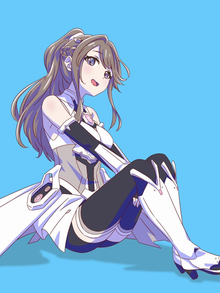 1girl :d armored_boots armpit_crease bare_shoulders black_thighhighs blue_background blush boots breasts brown_hair fanfare!!!_(love_live!) fujishima_megumi full_body high_heel_boots high_heels highres knees_up link!_like!_love_live! long_hair looking_at_viewer love_live! medium_breasts myrain56991013 official_alternate_costume open_mouth ponytail purple_eyes simple_background sitting smile solo thighhighs virtual_youtuber white_boots