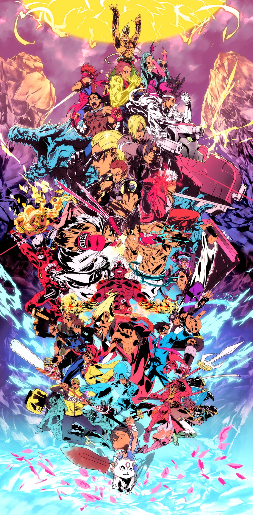 1990s_(style) absurdres ace_attorney albert_wesker animal_print armored_warriors asura asura&#039;s_wrath bat_print blodia capcom captain_commando chainsaw character_request chibiterasu chris_redfield chuck_greene company_connection crossover cyberbots dante_(devil_may_cry) darkstalkers dead_rising dead_rising_2 devil_may_cry_(series) dog drill_hair edward_fokker energy_ball epic fiery_hair gene_(god_hand) ghost_trick glasses god_hand gun halberd halterneck han_juri helmet highres ichimonji_batsu jill_valentine justice_gakuen kanzaki_hayato_(star_gladiator) kuninushi larry_d_warren_jr. leon_s._kennedy marvel_vs._capcom mishima_kazuya moero!_justice_gakuen monster_hunter_(series) morrigan_aensland multiple_boys multiple_crossover multiple_girls ookamiden pantyhose phoenix_wright polearm power_stone print_legwear resident_evil resident_evil_4 resident_evil_5 retro_artstyle rouge_(power_stone) ryu_(street_fighter) saotome_jin sissel_(ghost_trick) spear star_gladiator street_fighter street_fighter_iv_(series) strider_(video_game) strider_hiryuu sunglasses sword tekken twin_drills wang-tang weapon zombie